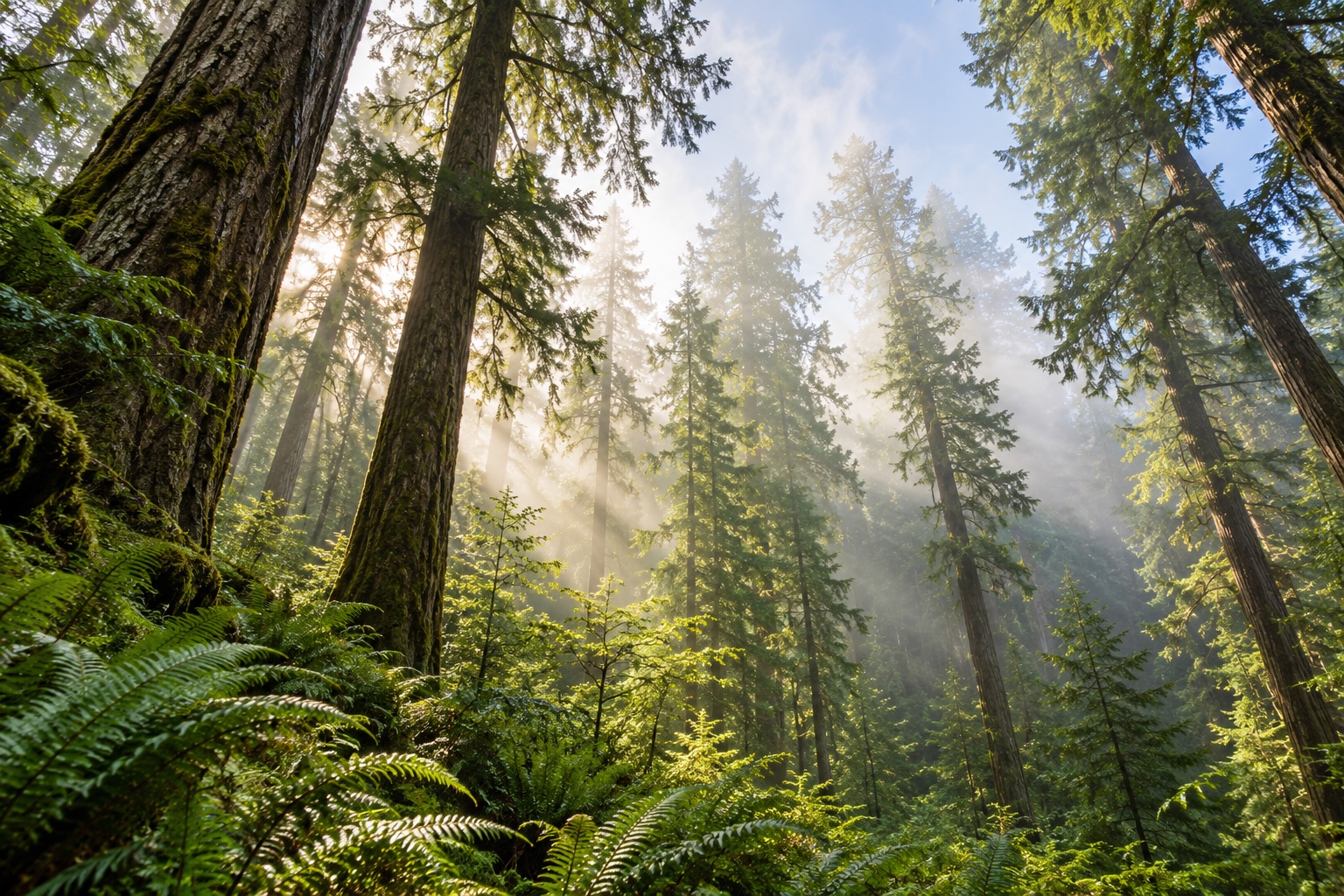 Illustrative sunlit evergreen canopy and ferns